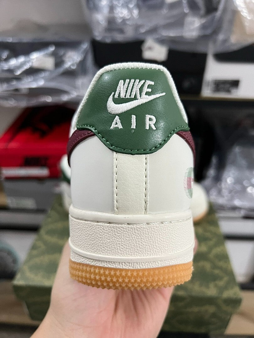 Nike Air Force 1 Low Custom Cream Gucci GG Monogram Inspired Burgundy Green Gum Sole Sneakers