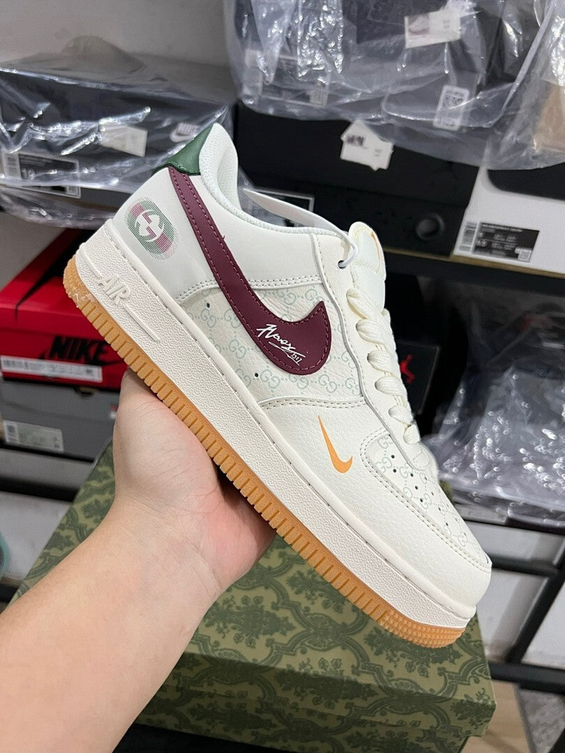Nike Air Force 1 Low Custom Cream Gucci GG Monogram Inspired Burgundy Green Gum Sole Sneakers