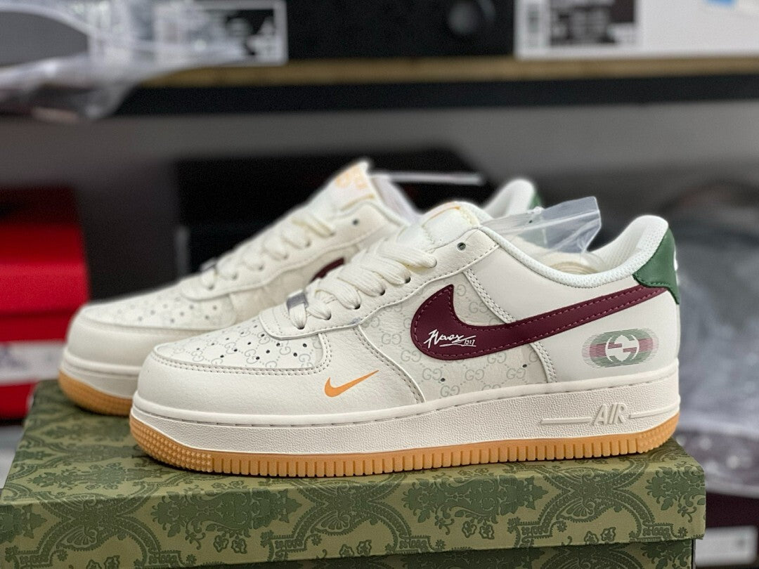 Nike Air Force 1 Low Custom Cream Gucci GG Monogram Inspired Burgundy Green Gum Sole Sneakers
