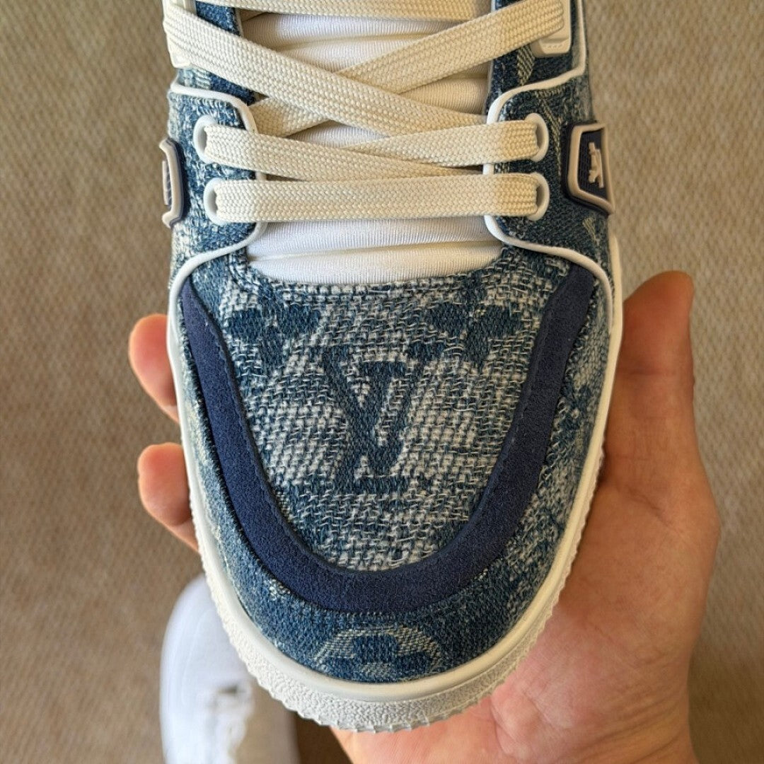 Louis Vuitton LV Trainer Sneaker Washed Denim Monogram Blue Men's Shoes 1A8Z69