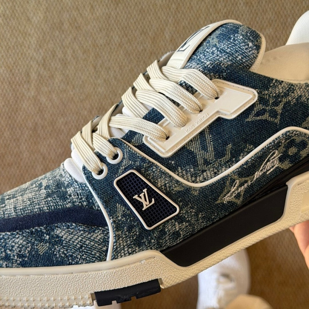 Louis Vuitton LV Trainer Sneaker Washed Denim Monogram Blue Men's Shoes 1A8Z69