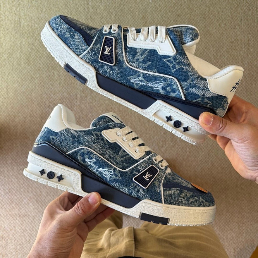 Louis Vuitton LV Trainer Sneaker Washed Denim Monogram Blue Men's Shoes 1A8Z69