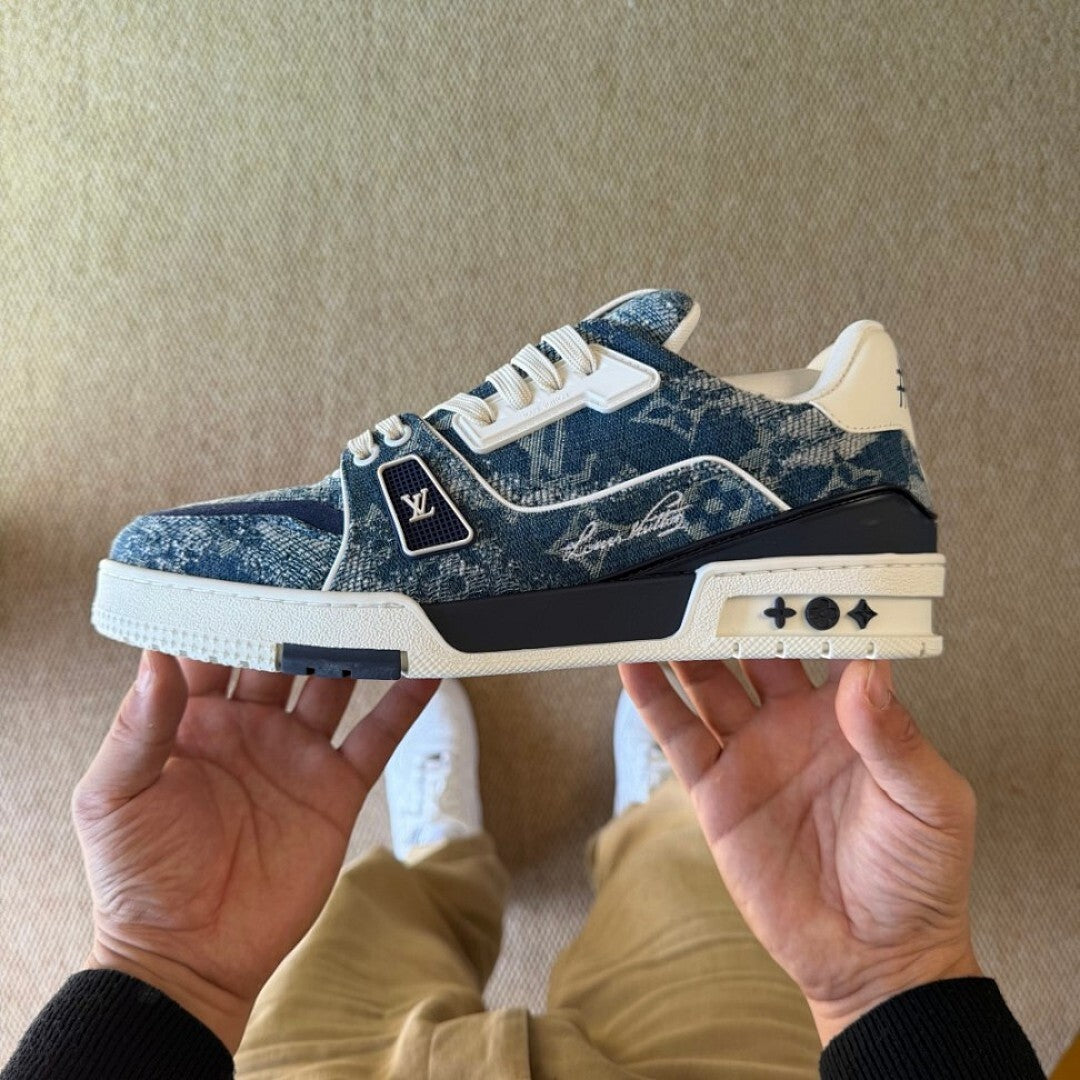 Louis Vuitton LV Trainer Sneaker Washed Denim Monogram Blue Men's Shoes 1A8Z69