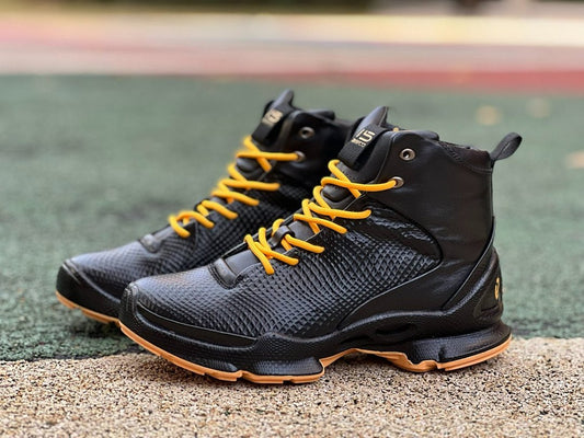 L5 SPORTS Men's High-Top Black Textured Sneakers Yellow Laces Gum Sole Casual Boots