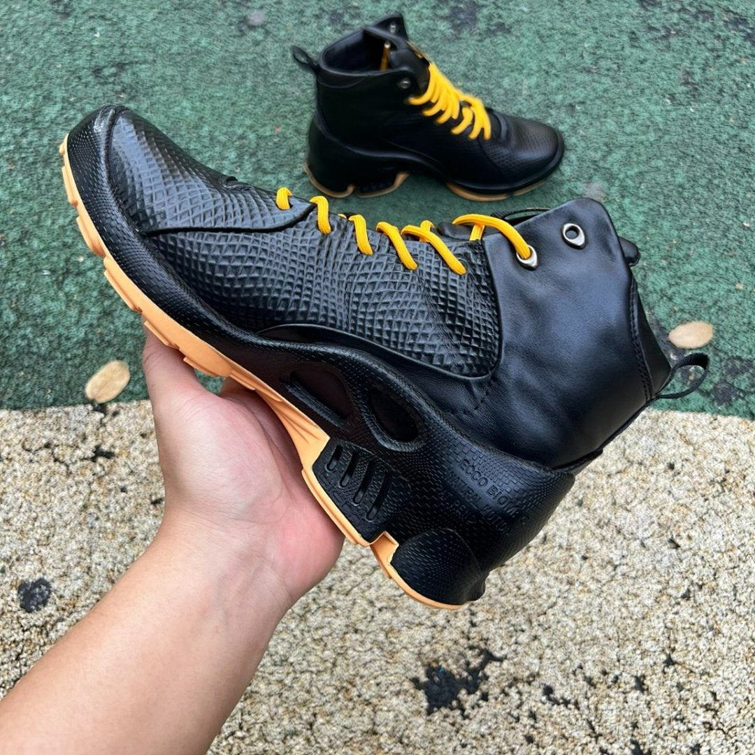 L5 SPORTS Men's High-Top Black Textured Sneakers Yellow Laces Gum Sole Casual Boots