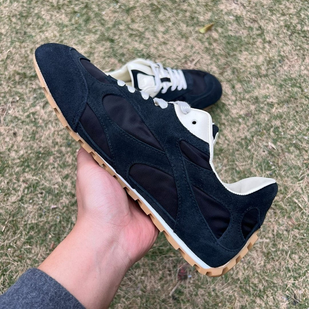 Men's Black Retro Runner Sneakers - Suede Nylon Upper & Gum Sole
