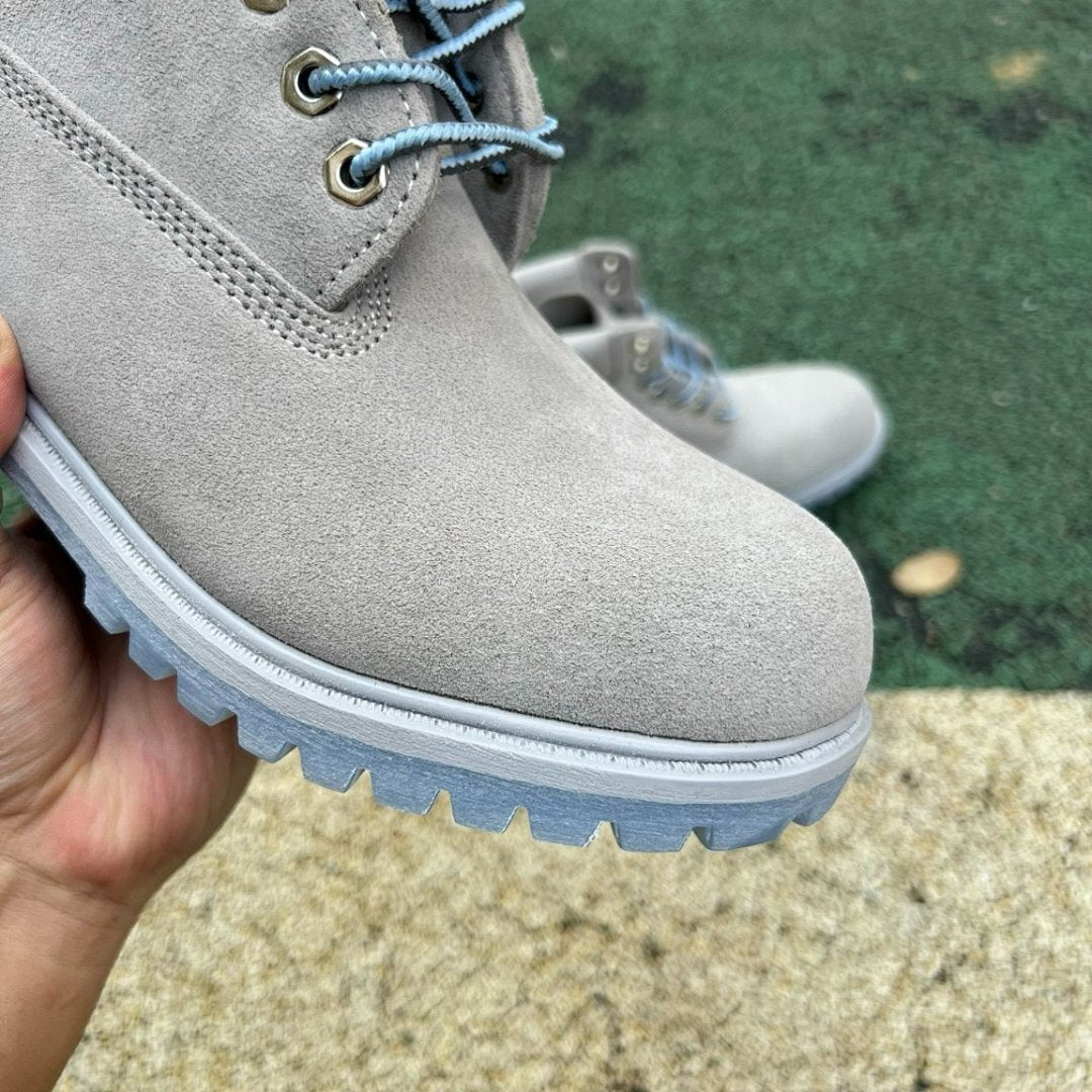 Timberland 6-Inch Premium Waterproof Boots Men's Women's Grey Nubuck Light Blue Sole