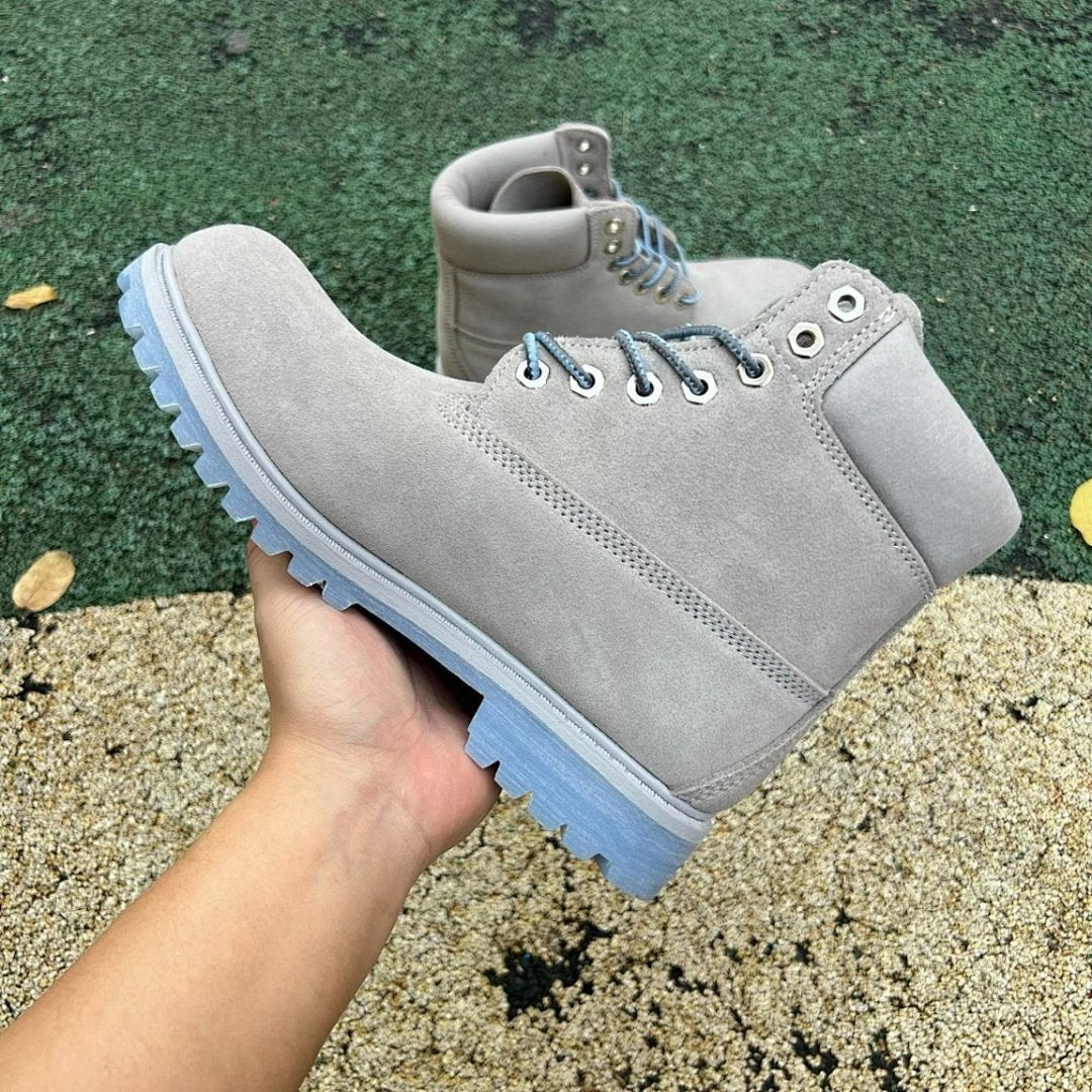 Timberland 6-Inch Premium Waterproof Boots Men's Women's Grey Nubuck Light Blue Sole