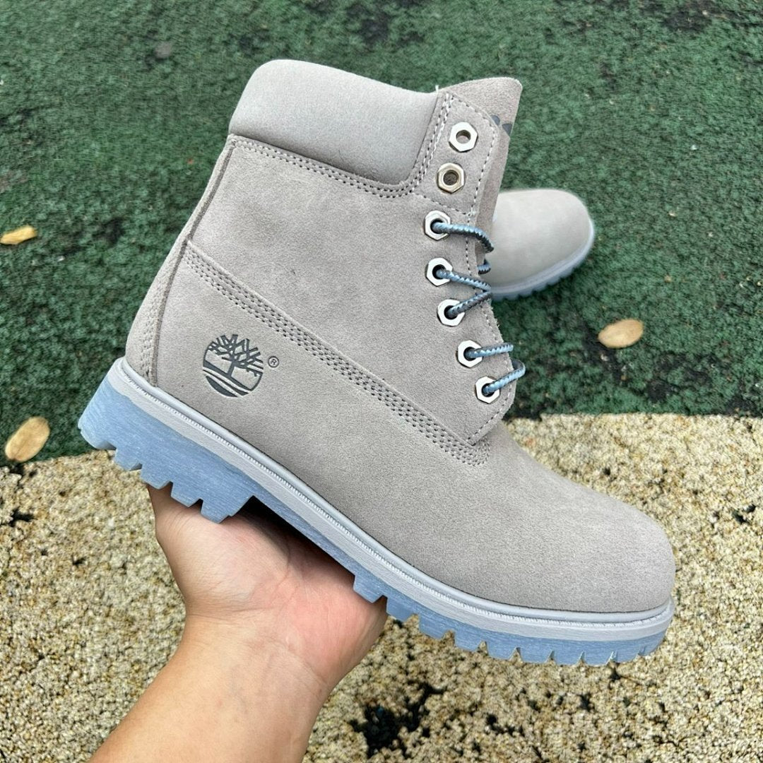 Timberland 6-Inch Premium Waterproof Boots Men's Women's Grey Nubuck Light Blue Sole