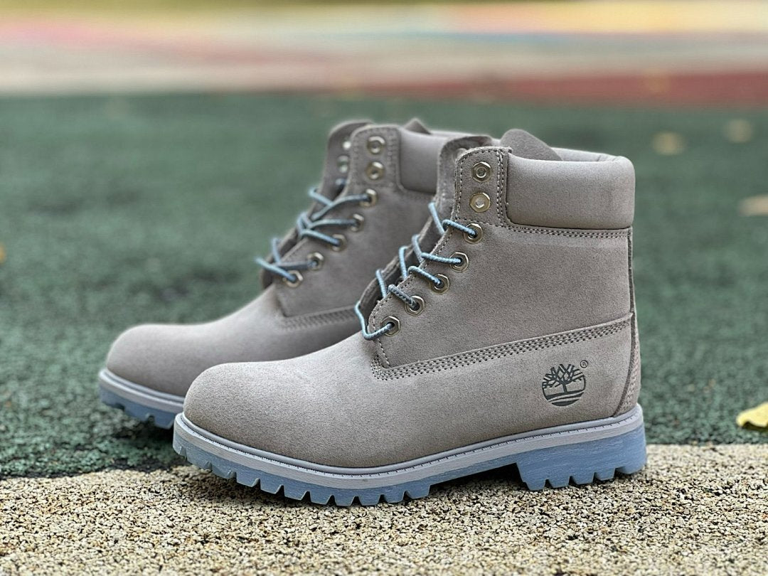 Timberland 6-Inch Premium Waterproof Boots Men's Women's Grey Nubuck Light Blue Sole