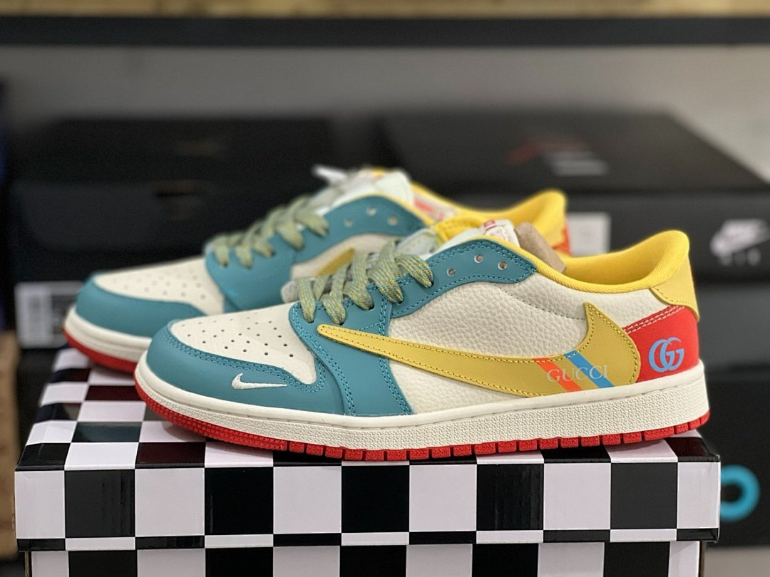 Air Jordan 1 Low Gucci Inspired Teal Yellow Red Sneakers