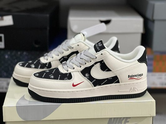 Nike Air Force 1 Low Custom Balenciaga Monogram Cream Black Red Sneakers