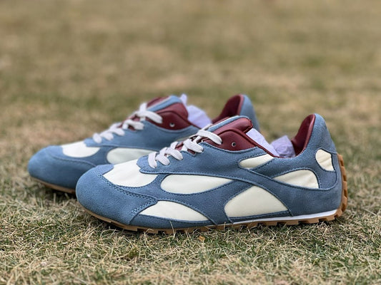 Classic Retro Suede Runner Trainers - Dusty Blue Cream Burgundy - Gum Sole