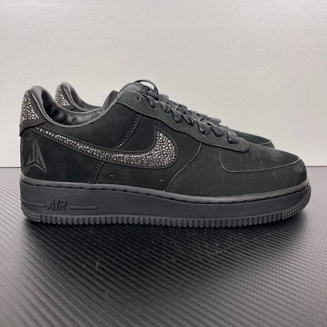 Nike Air Force 1 '07 Low Triple Black Custom Swarovski Crystal Bling Sneakers CW2288-001 with Embossed Heel Logo