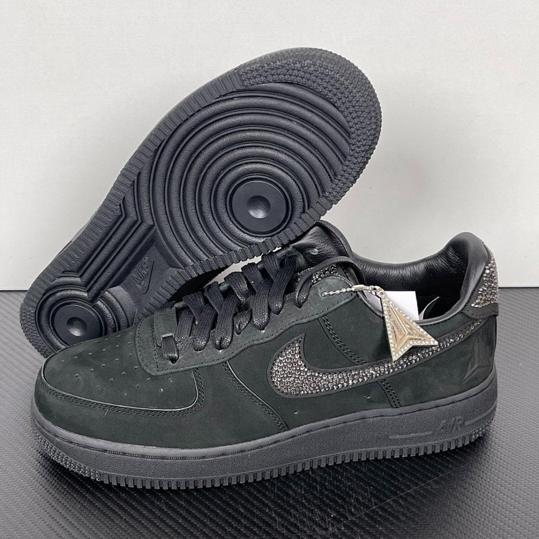 Nike Air Force 1 '07 Low Triple Black Custom Swarovski Crystal Bling Sneakers CW2288-001 with Embossed Heel Logo