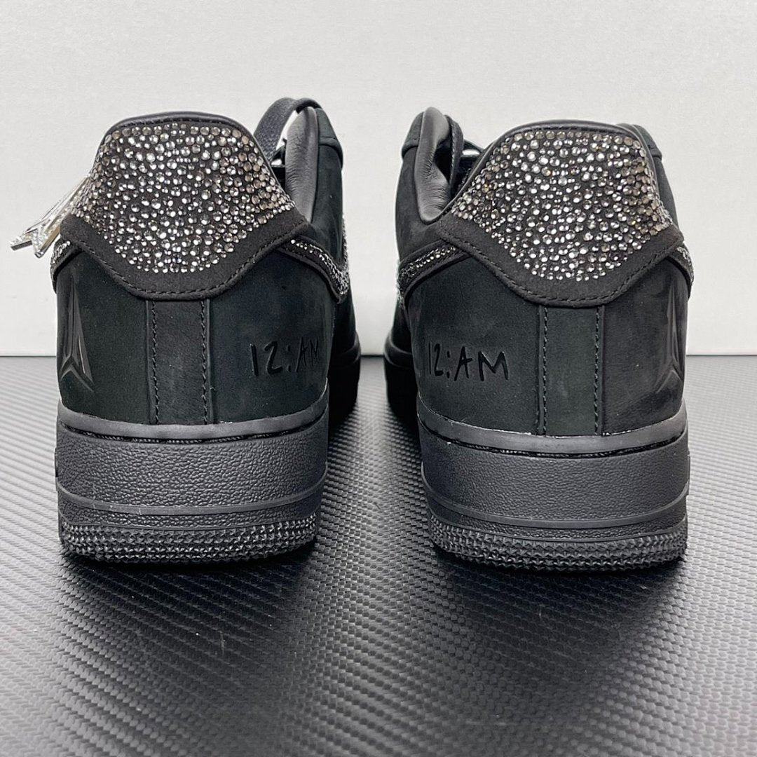 Nike Air Force 1 '07 Low Triple Black Custom Swarovski Crystal Bling Sneakers CW2288-001 with Embossed Heel Logo
