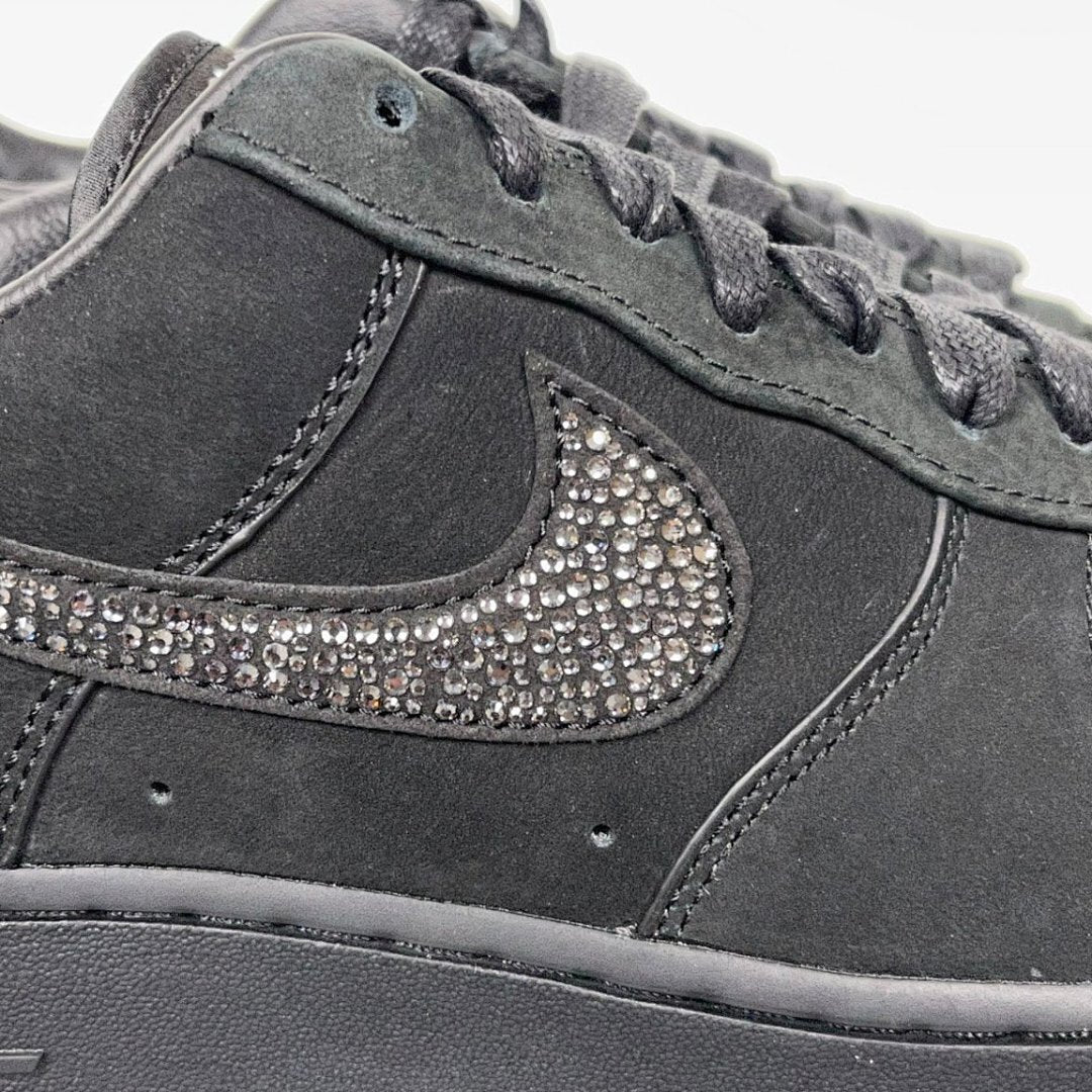 Nike Air Force 1 '07 Low Triple Black Custom Swarovski Crystal Bling Sneakers CW2288-001 with Embossed Heel Logo