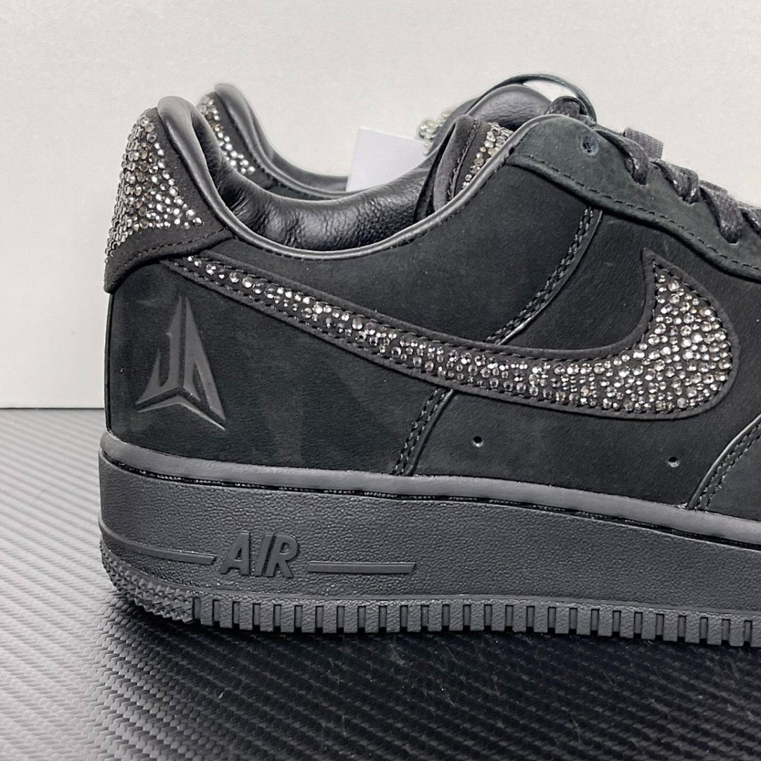 Nike Air Force 1 '07 Low Triple Black Custom Swarovski Crystal Bling Sneakers CW2288-001 with Embossed Heel Logo