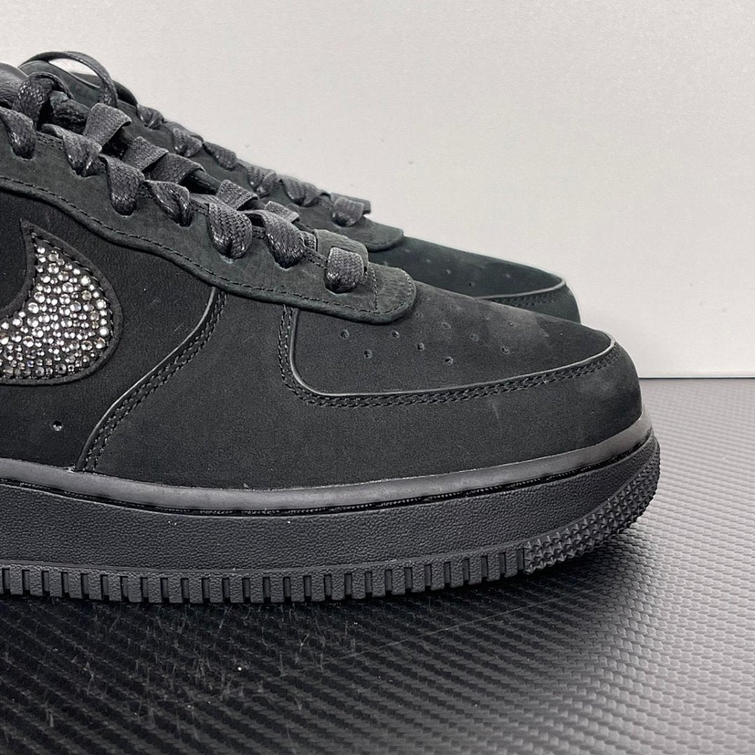 Nike Air Force 1 '07 Low Triple Black Custom Swarovski Crystal Bling Sneakers CW2288-001 with Embossed Heel Logo