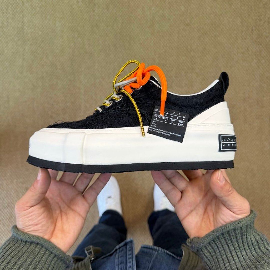JBWN Unisex Black Textured Low Top Platform Sneakers with Chunky White Sole and Orange Yellow Laces - Streetwear Casual Fashion Shoes