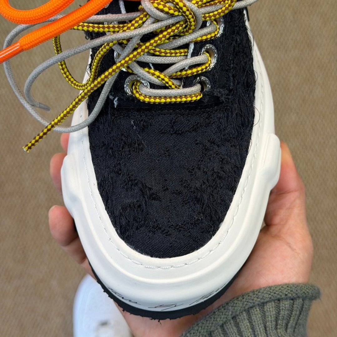 JBWN Unisex Black Textured Low Top Platform Sneakers with Chunky White Sole and Orange Yellow Laces - Streetwear Casual Fashion Shoes