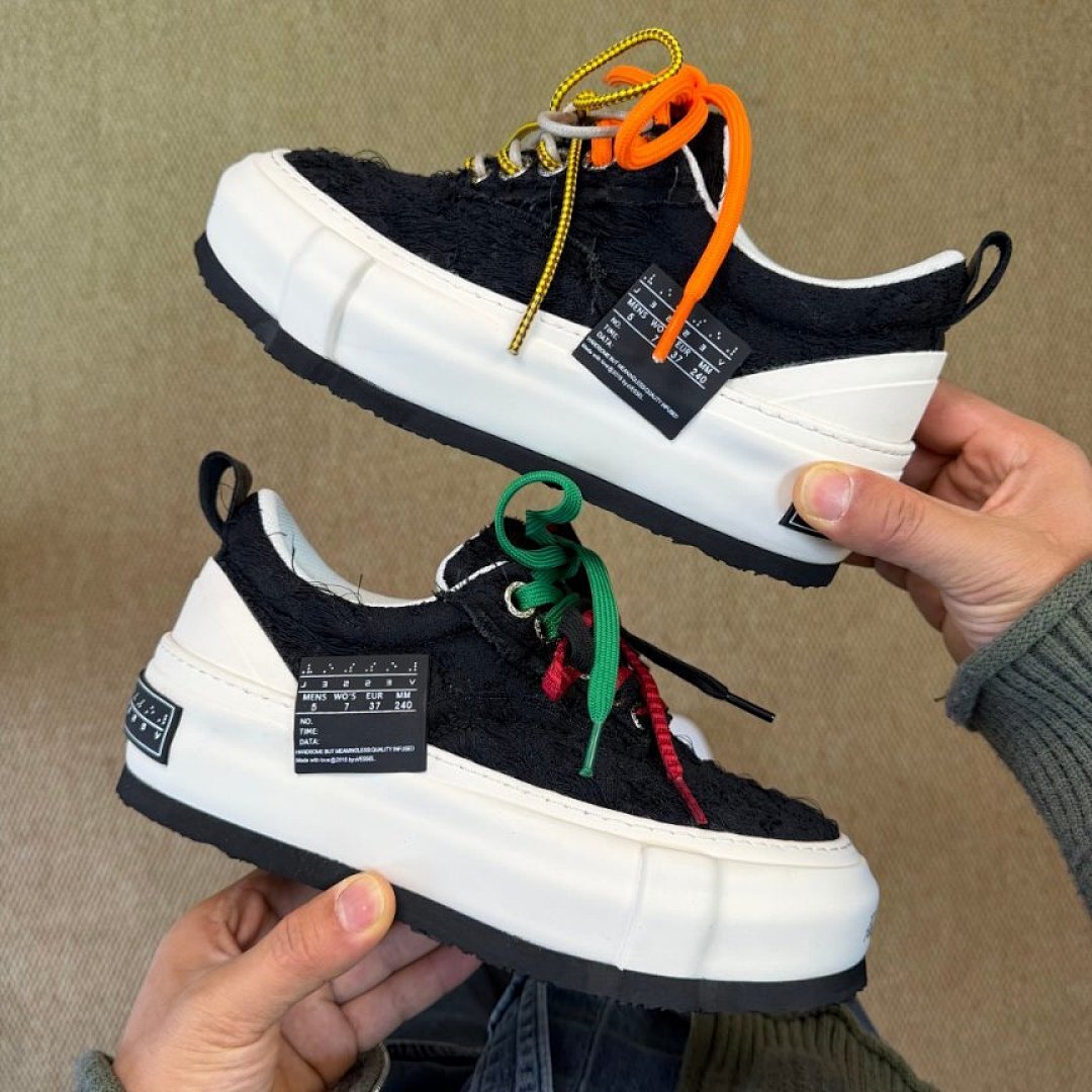 JBWN Unisex Black Textured Low Top Platform Sneakers with Chunky White Sole and Orange Yellow Laces - Streetwear Casual Fashion Shoes