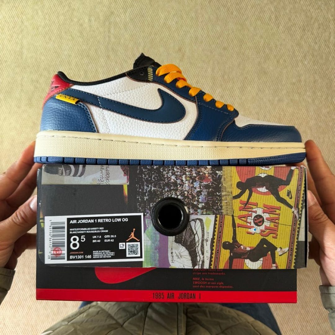 Nike Air Jordan 1 Low Union LA Sail Muslin Dark Powder Blue Gym Red Yellow Laces Men's Women's Sneakers