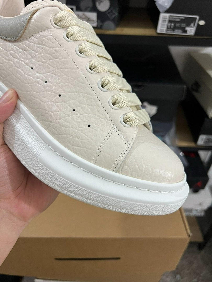 Alexander McQueen Oversized Sneaker Cream Ivory Pebbled Leather Grey Heel Tab White Sole Luxury Designer Platform Trainers