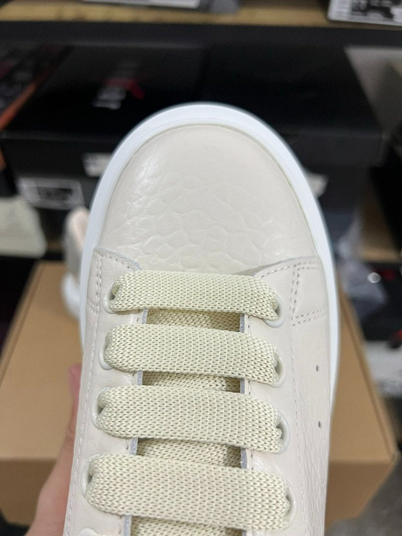 Alexander McQueen Oversized Sneaker Cream Ivory Pebbled Leather Grey Heel Tab White Sole Luxury Designer Platform Trainers