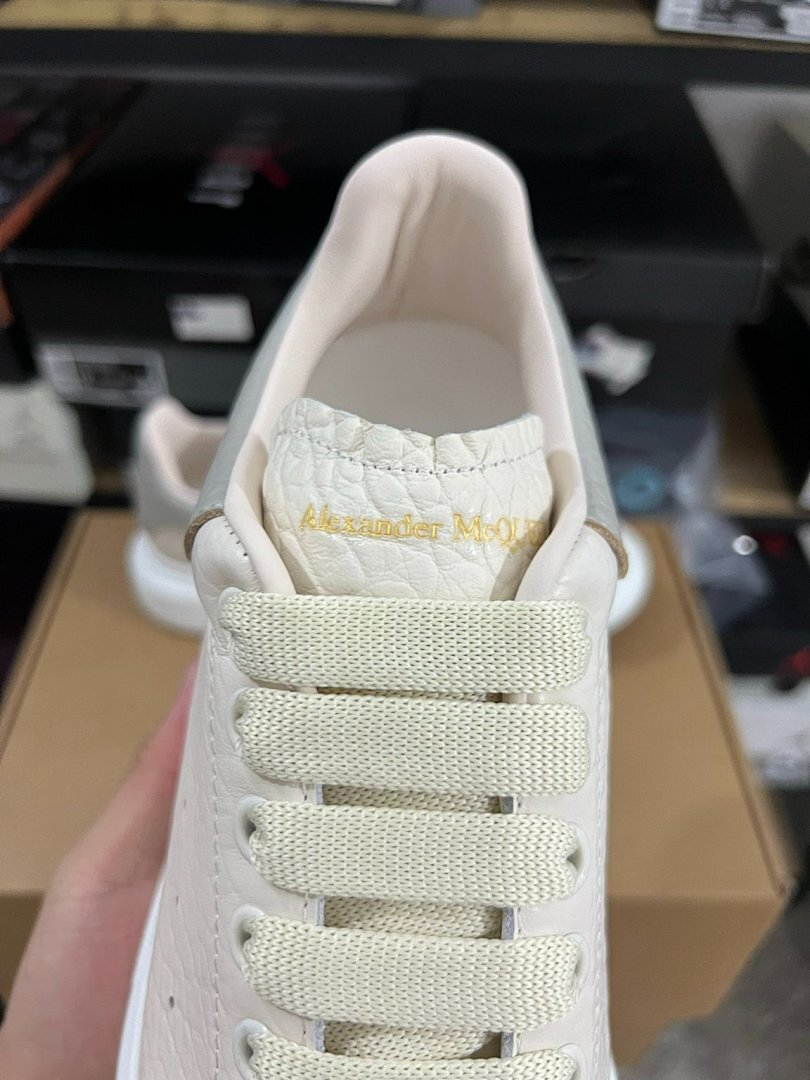 Alexander McQueen Oversized Sneaker Cream Ivory Pebbled Leather Grey Heel Tab White Sole Luxury Designer Platform Trainers