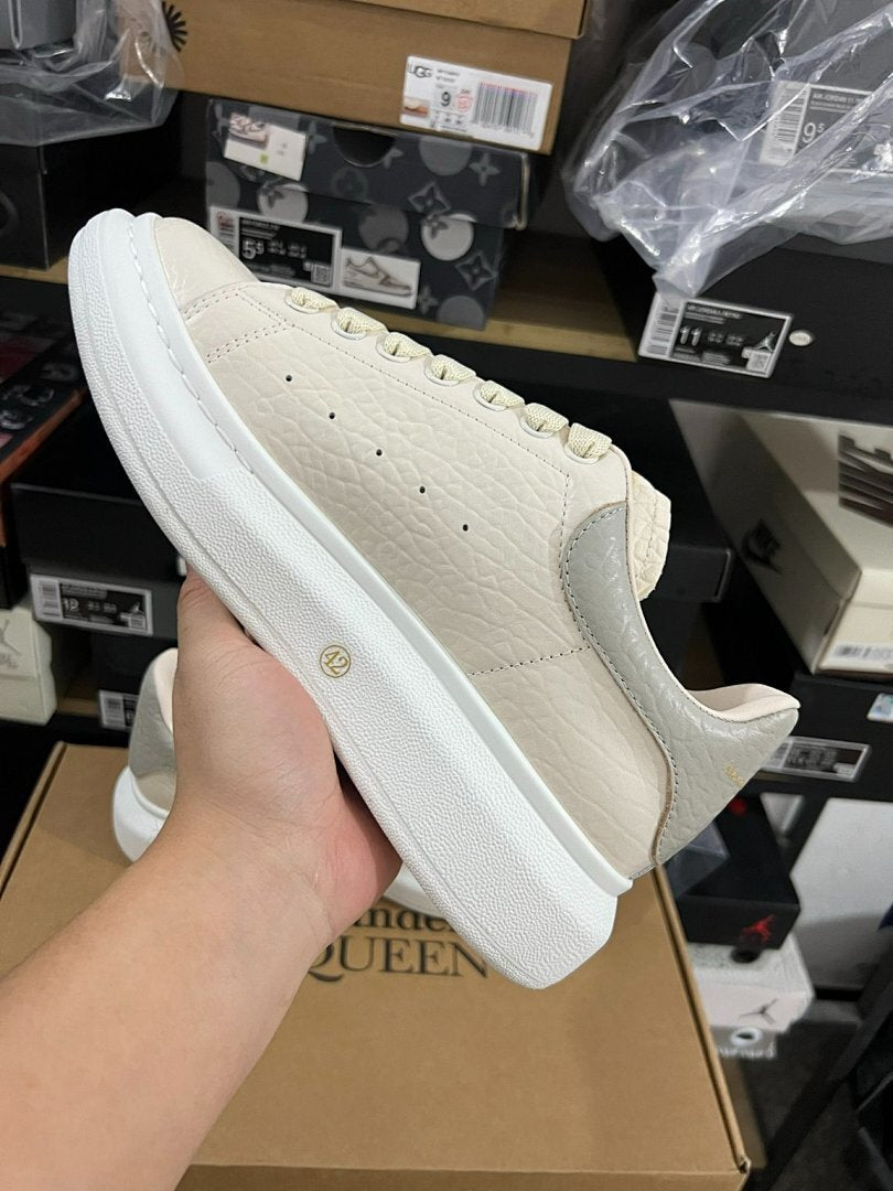 Alexander McQueen Oversized Sneaker Cream Ivory Pebbled Leather Grey Heel Tab White Sole Luxury Designer Platform Trainers