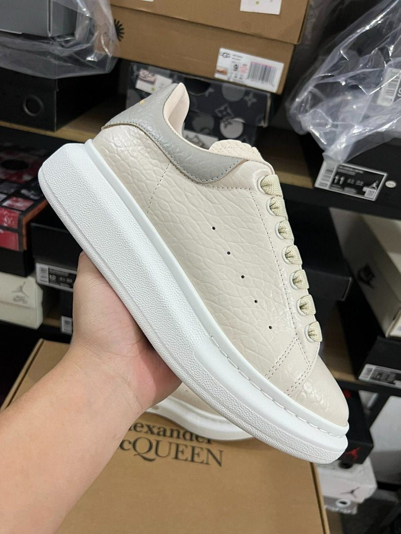 Alexander McQueen Oversized Sneaker Cream Ivory Pebbled Leather Grey Heel Tab White Sole Luxury Designer Platform Trainers