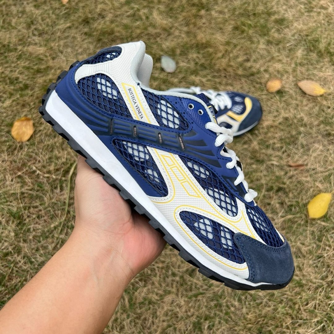 Bottega Veneta Orbit Mesh & Suede Sneakers Navy Yellow White Men's Trainers 755100 V30E0 4072