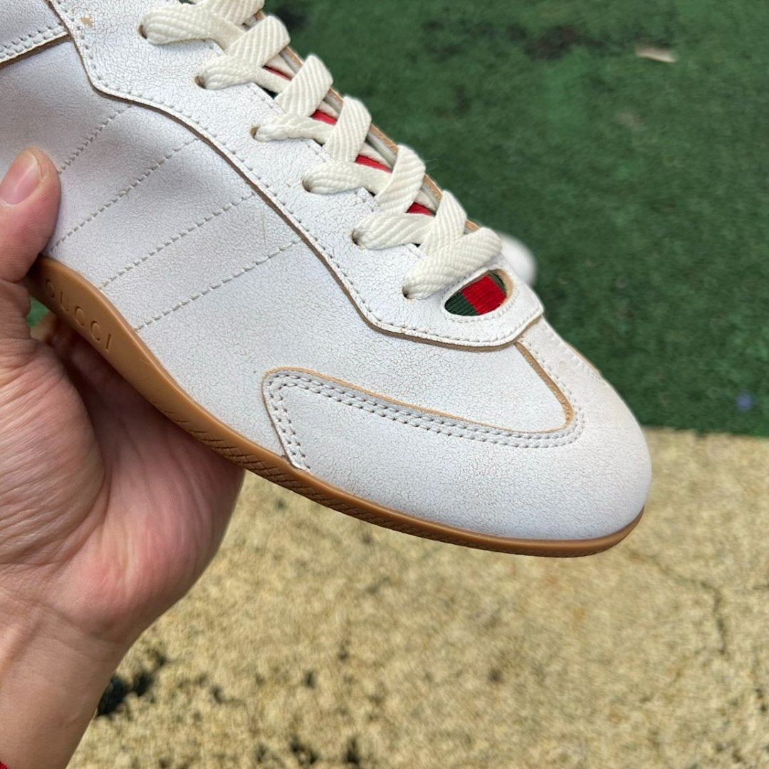 Gucci White Leather Web Stripe Low Top Sneakers Men's Gum Sole Trainers 624694 0F040 9089