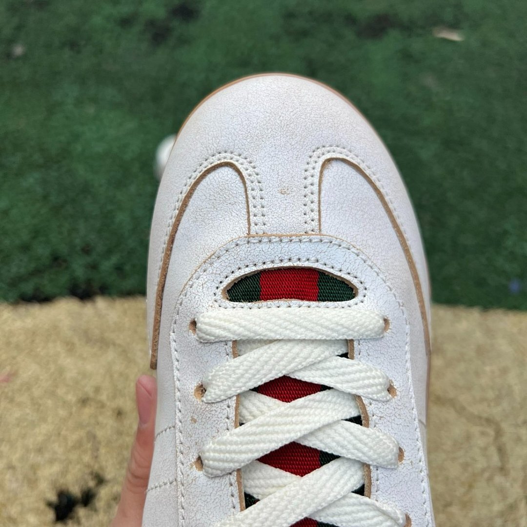 Gucci White Leather Web Stripe Low Top Sneakers Men's Gum Sole Trainers 624694 0F040 9089