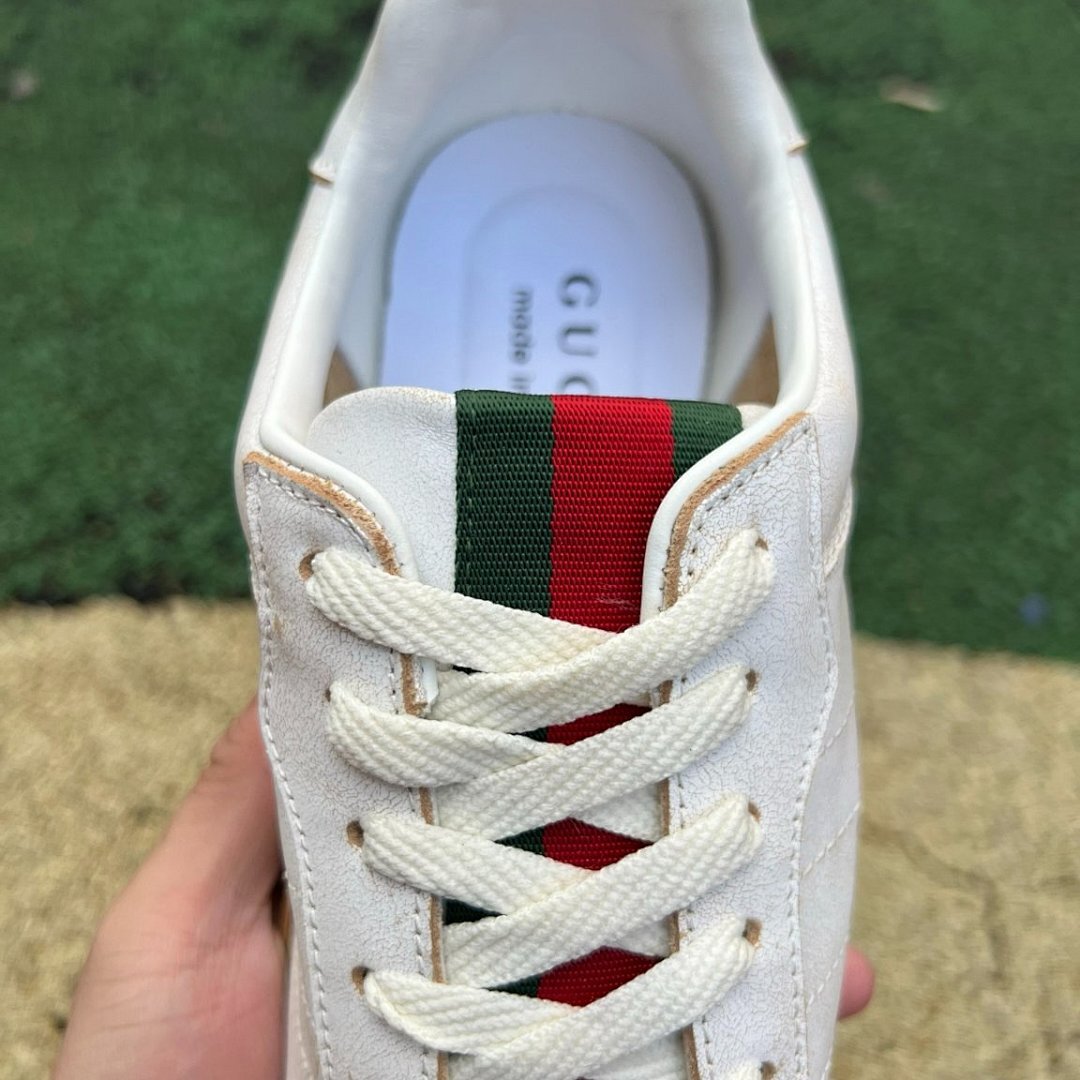 Gucci White Leather Web Stripe Low Top Sneakers Men's Gum Sole Trainers 624694 0F040 9089