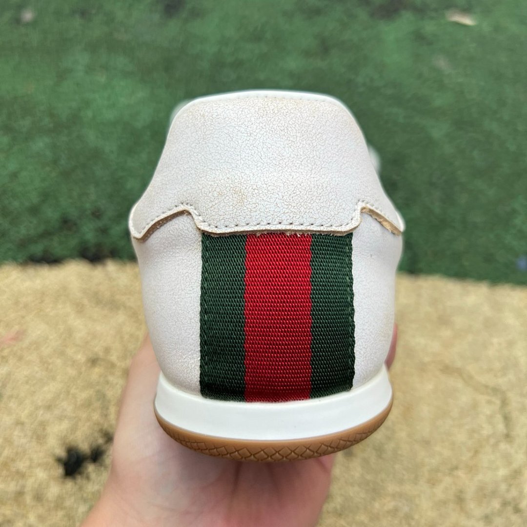 Gucci White Leather Web Stripe Low Top Sneakers Men's Gum Sole Trainers 624694 0F040 9089