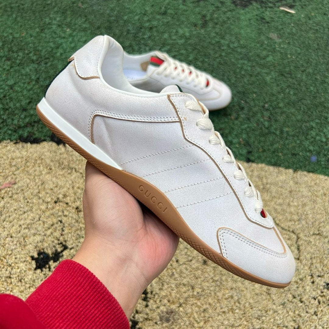 Gucci White Leather Web Stripe Low Top Sneakers Men's Gum Sole Trainers 624694 0F040 9089
