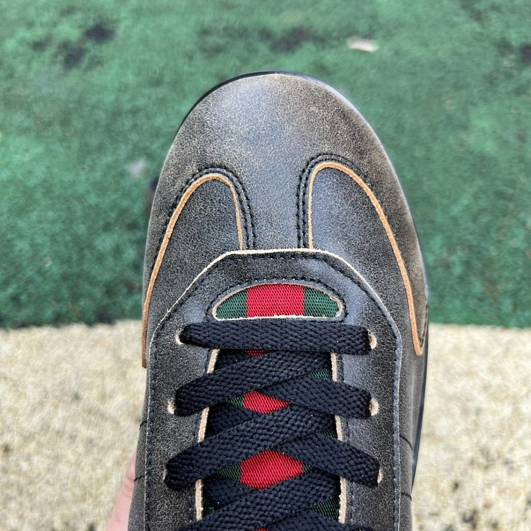 Gucci Men's Distressed Leather Web Stripe Low-Top Sneakers with Logo Print Sole 548695