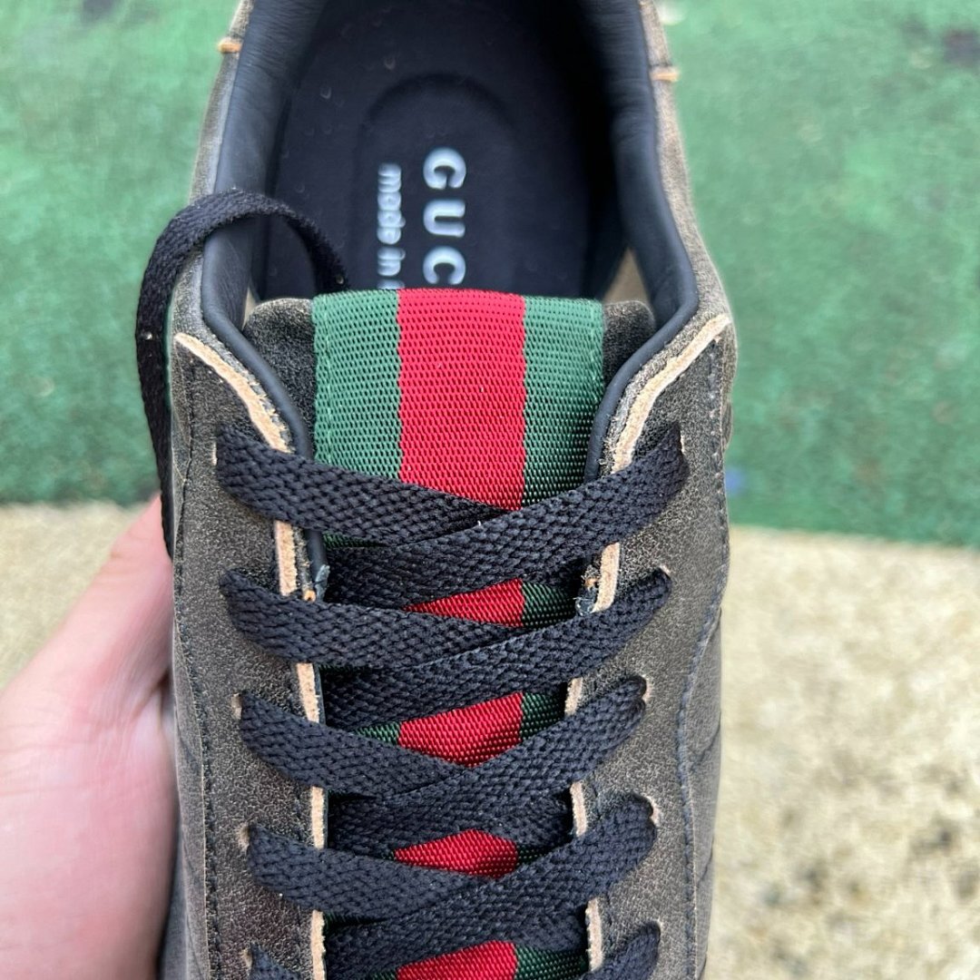 Gucci Men's Distressed Leather Web Stripe Low-Top Sneakers with Logo Print Sole 548695