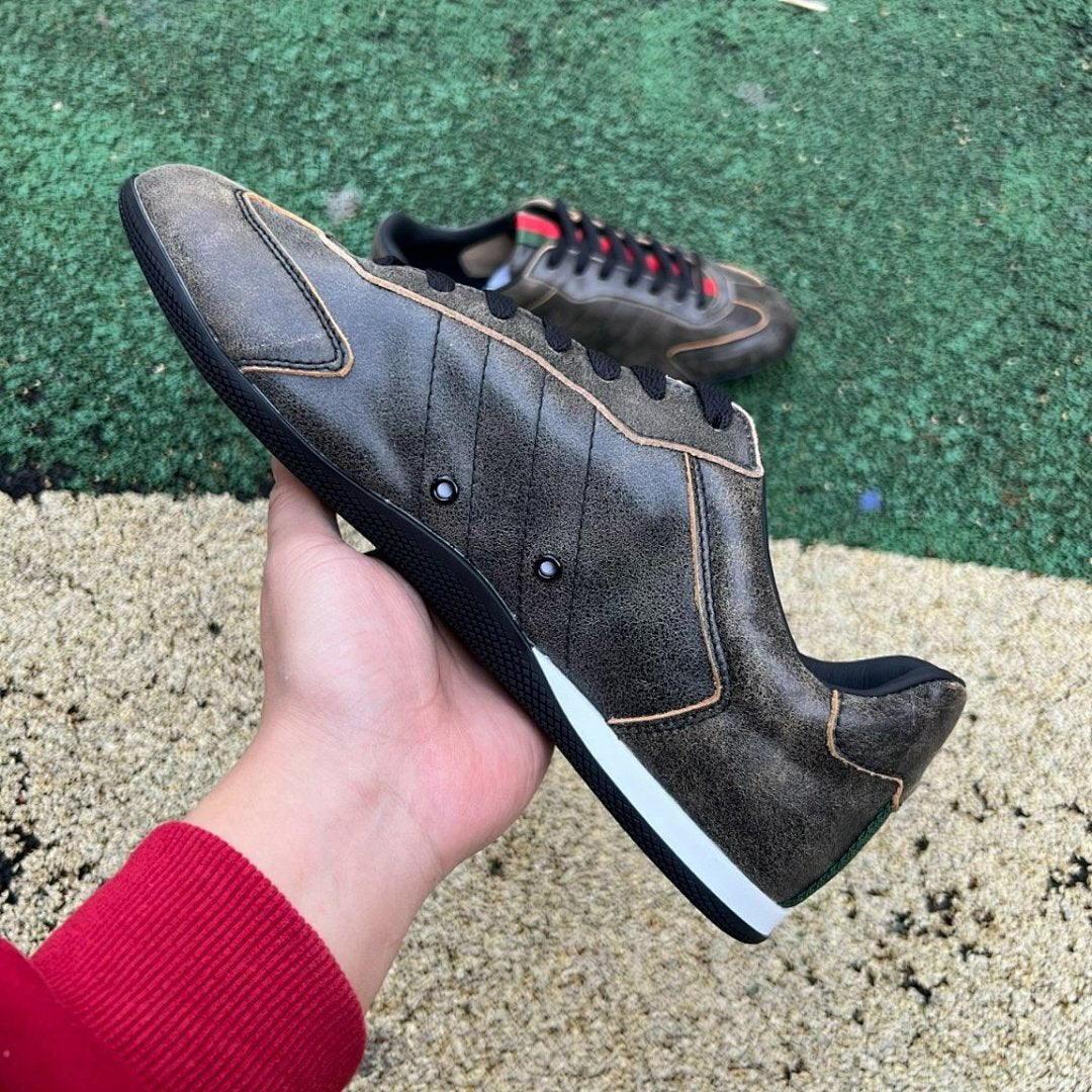 Gucci Men's Distressed Leather Web Stripe Low-Top Sneakers with Logo Print Sole 548695