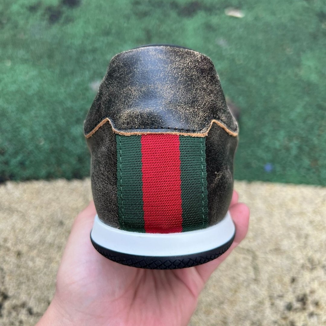 Gucci Men's Distressed Leather Web Stripe Low-Top Sneakers with Logo Print Sole 548695