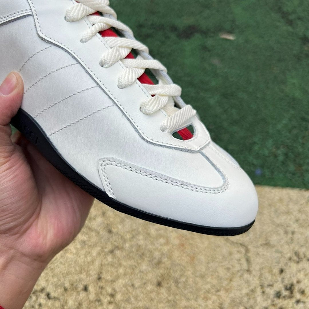 Gucci Men's White Leather Web Stripe Low-Top Sneakers 606110 0FI20 9072