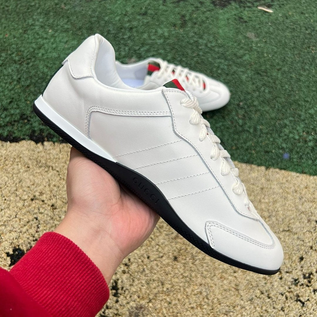 Gucci Men's White Leather Web Stripe Low-Top Sneakers 606110 0FI20 9072