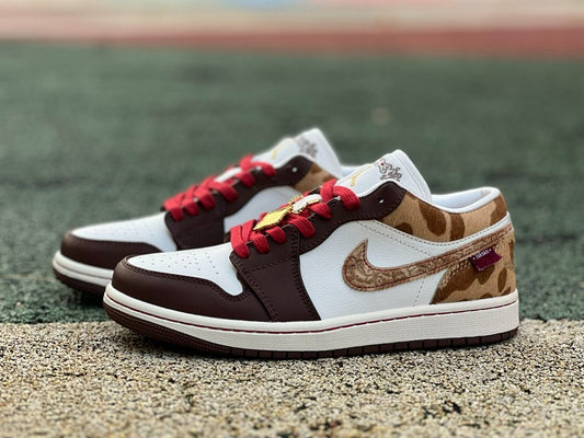 Air Jordan 1 Low OG Year of the Dragon Women's Sail White Chocolate Brown Red Laces Pony Hair Animal Print Embossed Swoosh Gold Deubré Sneakers FN0746-100