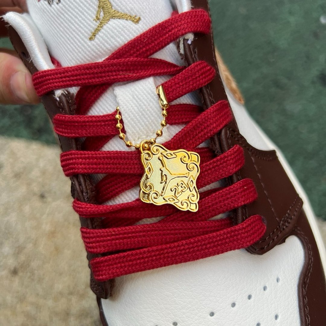 Air Jordan 1 Low OG Year of the Dragon Women's Sail White Chocolate Brown Red Laces Pony Hair Animal Print Embossed Swoosh Gold Deubré Sneakers FN0746-100