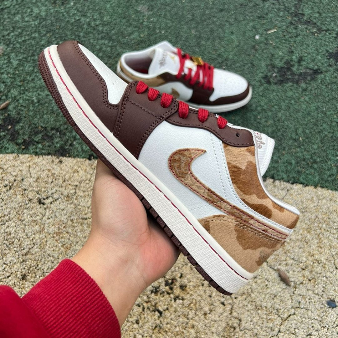 Air Jordan 1 Low OG Year of the Dragon Women's Sail White Chocolate Brown Red Laces Pony Hair Animal Print Embossed Swoosh Gold Deubré Sneakers FN0746-100
