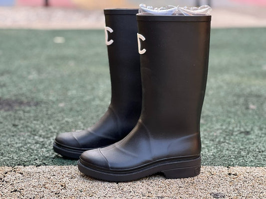 Celine Boots in Rubber with Celine Signature Black Women's Tall Rain Boots Wellies