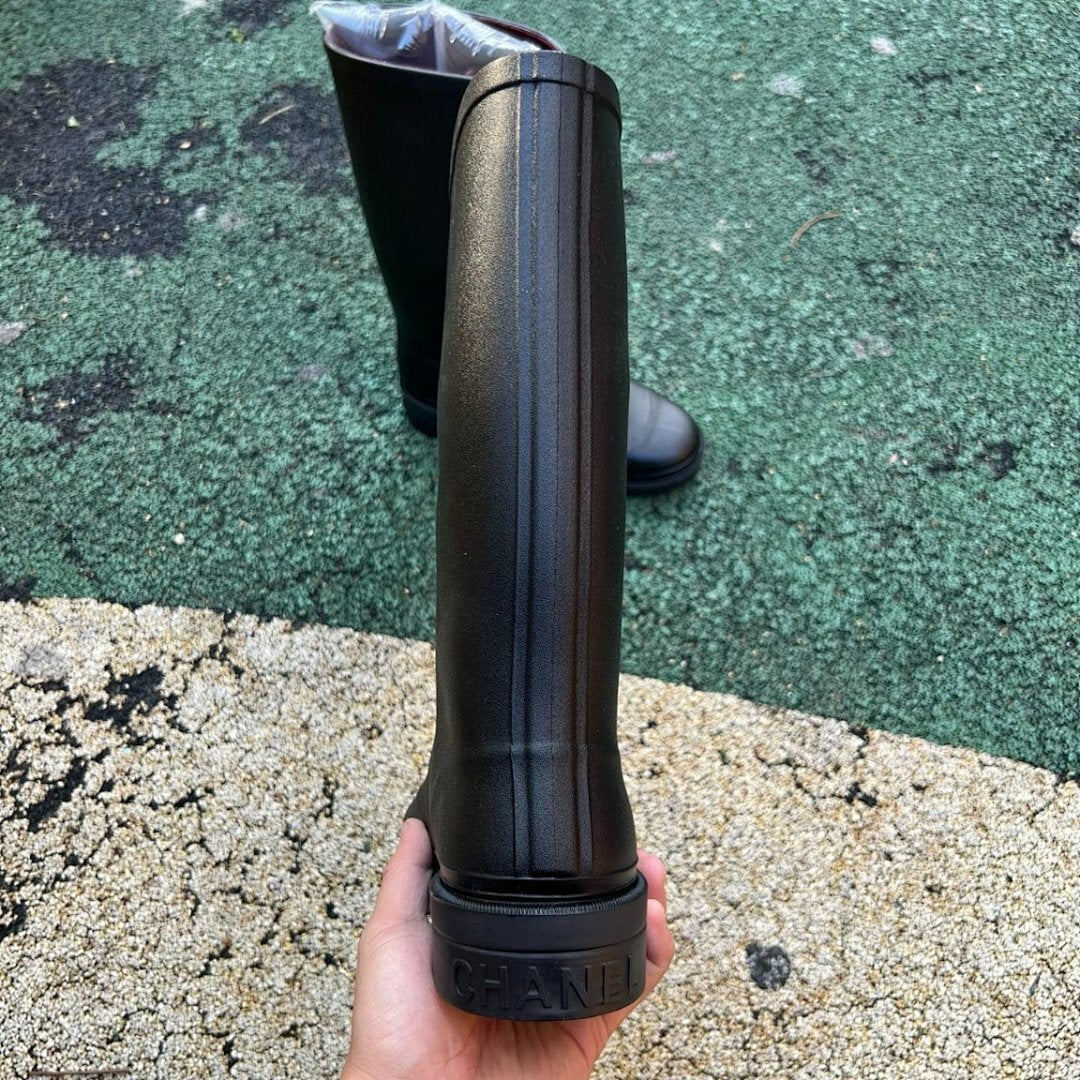 Celine Boots in Rubber with Celine Signature Black Women's Tall Rain Boots Wellies