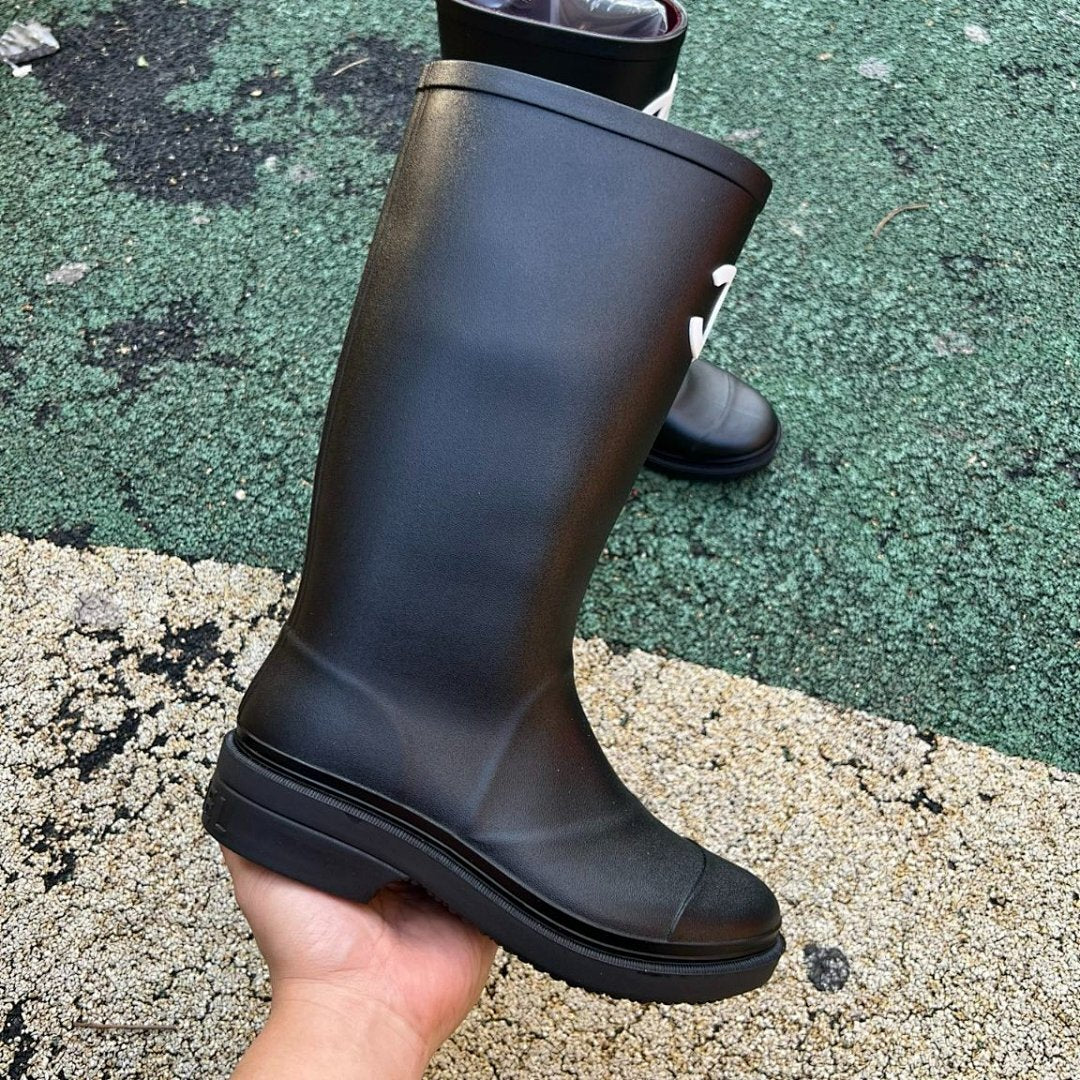 Celine Boots in Rubber with Celine Signature Black Women's Tall Rain Boots Wellies